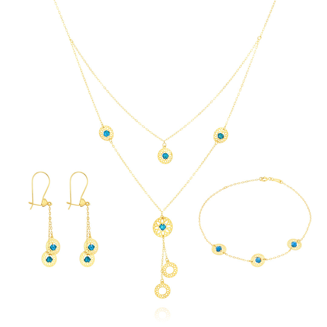 18K Real Gold Blue Stone Round Jewelry Set