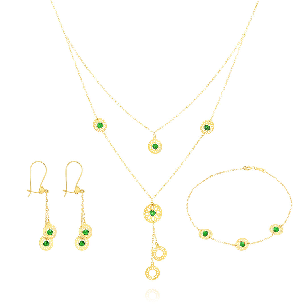 18K Real Gold Green Stone Round Jewelry Set