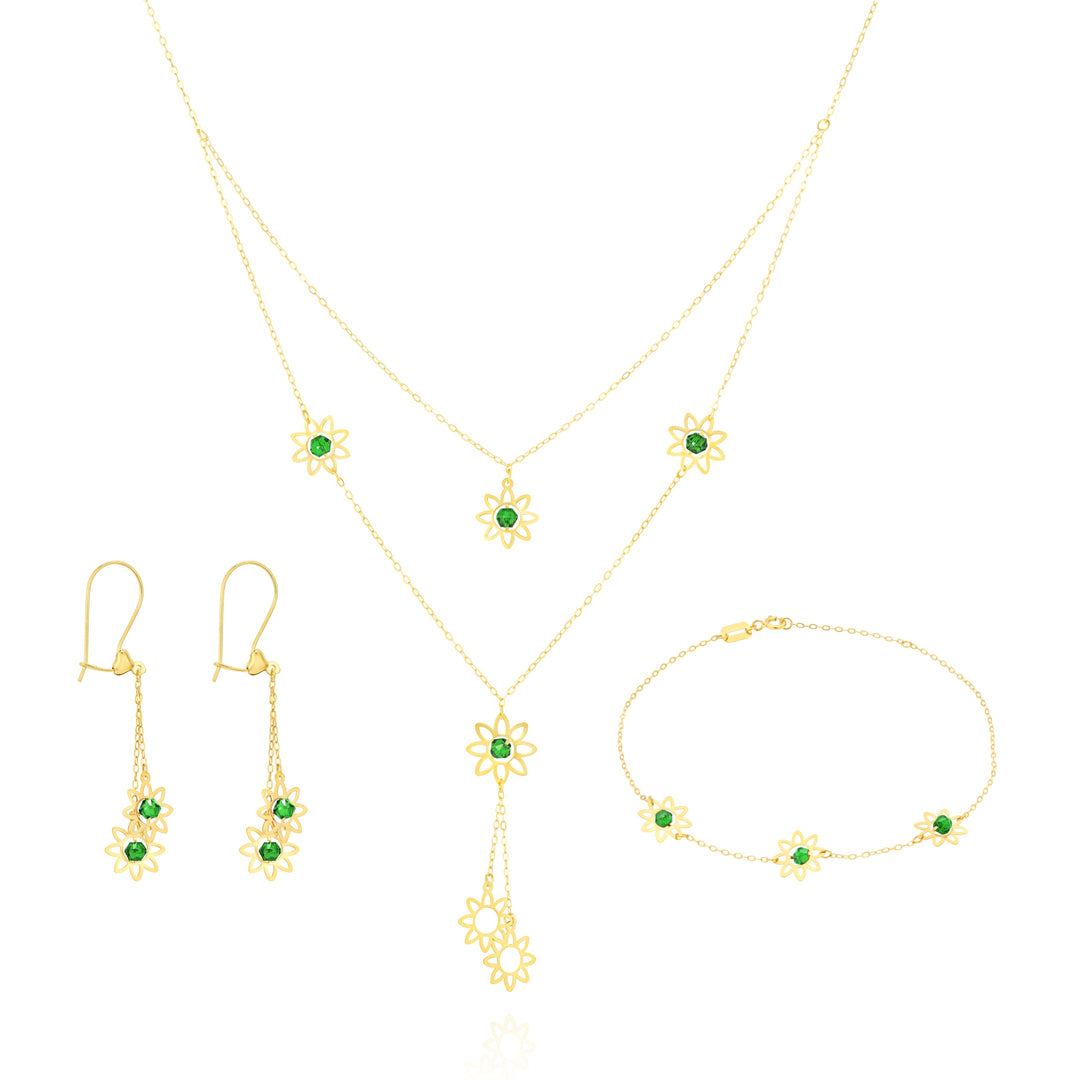 18K Real Gold Green Stone Flower Jewelry Set