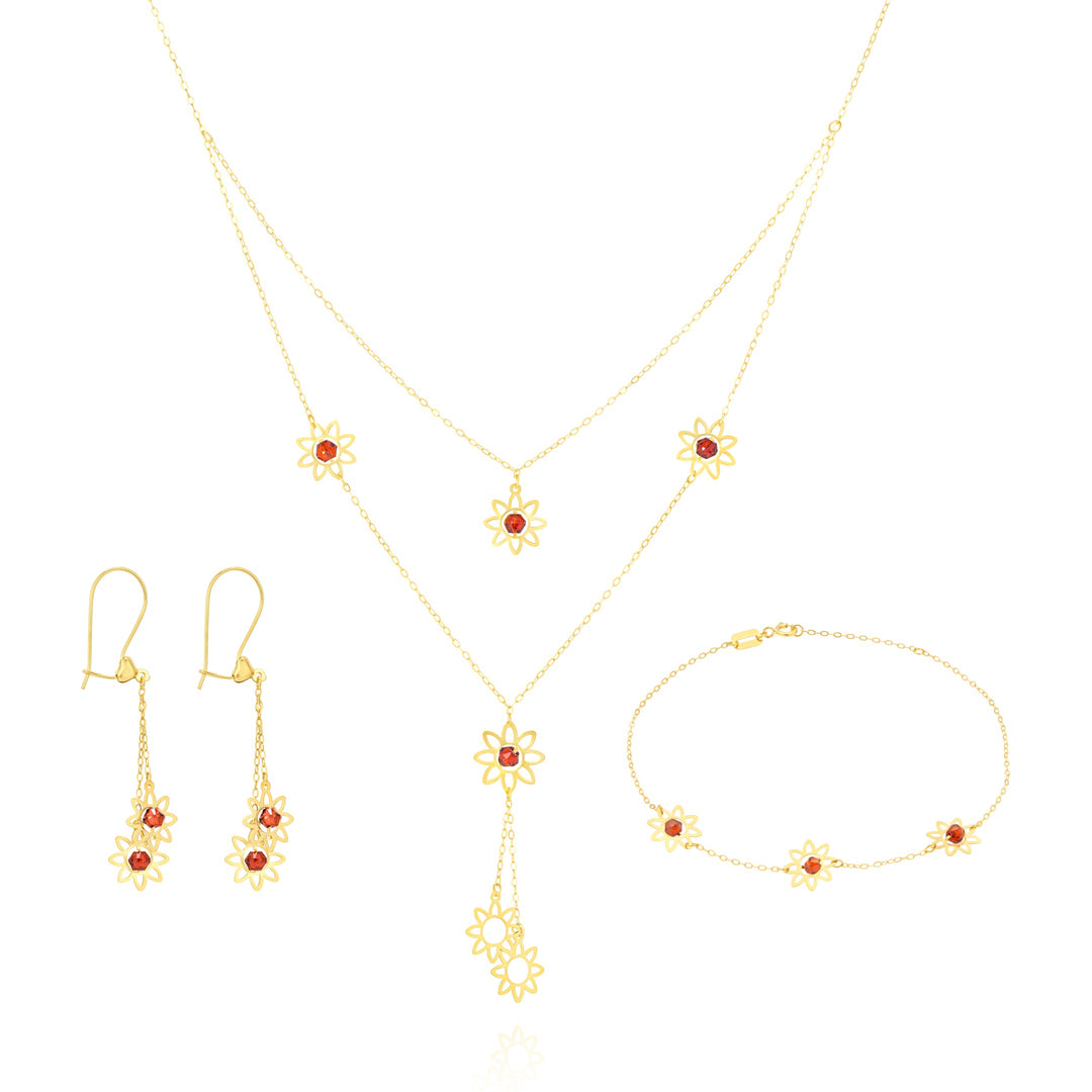 18K Real Gold Red Stone Flower Jewelry Set