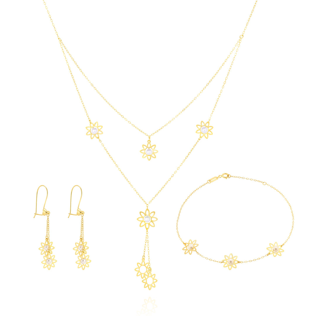 18K Real Gold White Stone Flower Jewelry Set