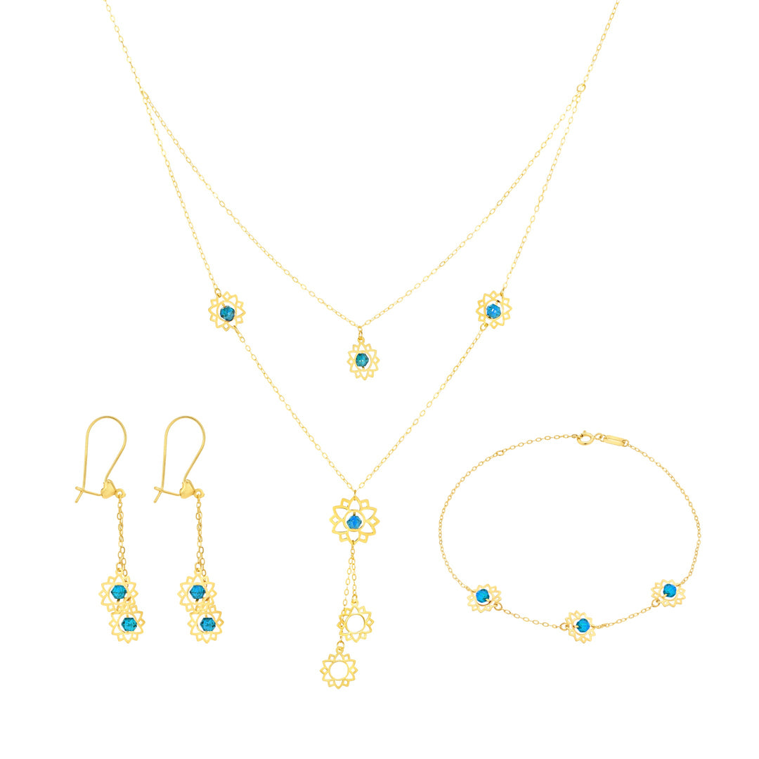 18K Real Gold Blue Stone Flower Jewelry Set