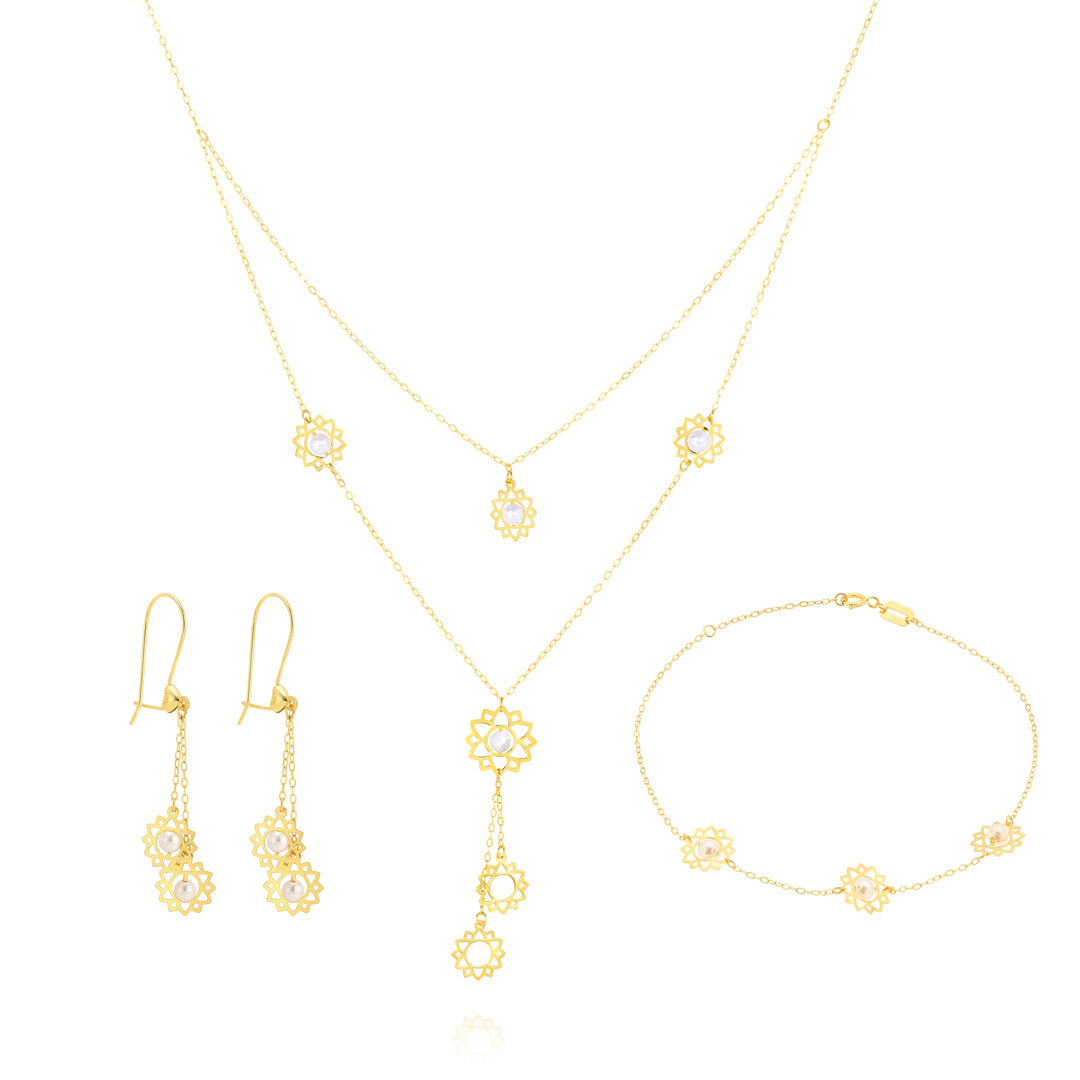 18K Real Gold White Stone Flower Jewelry Set