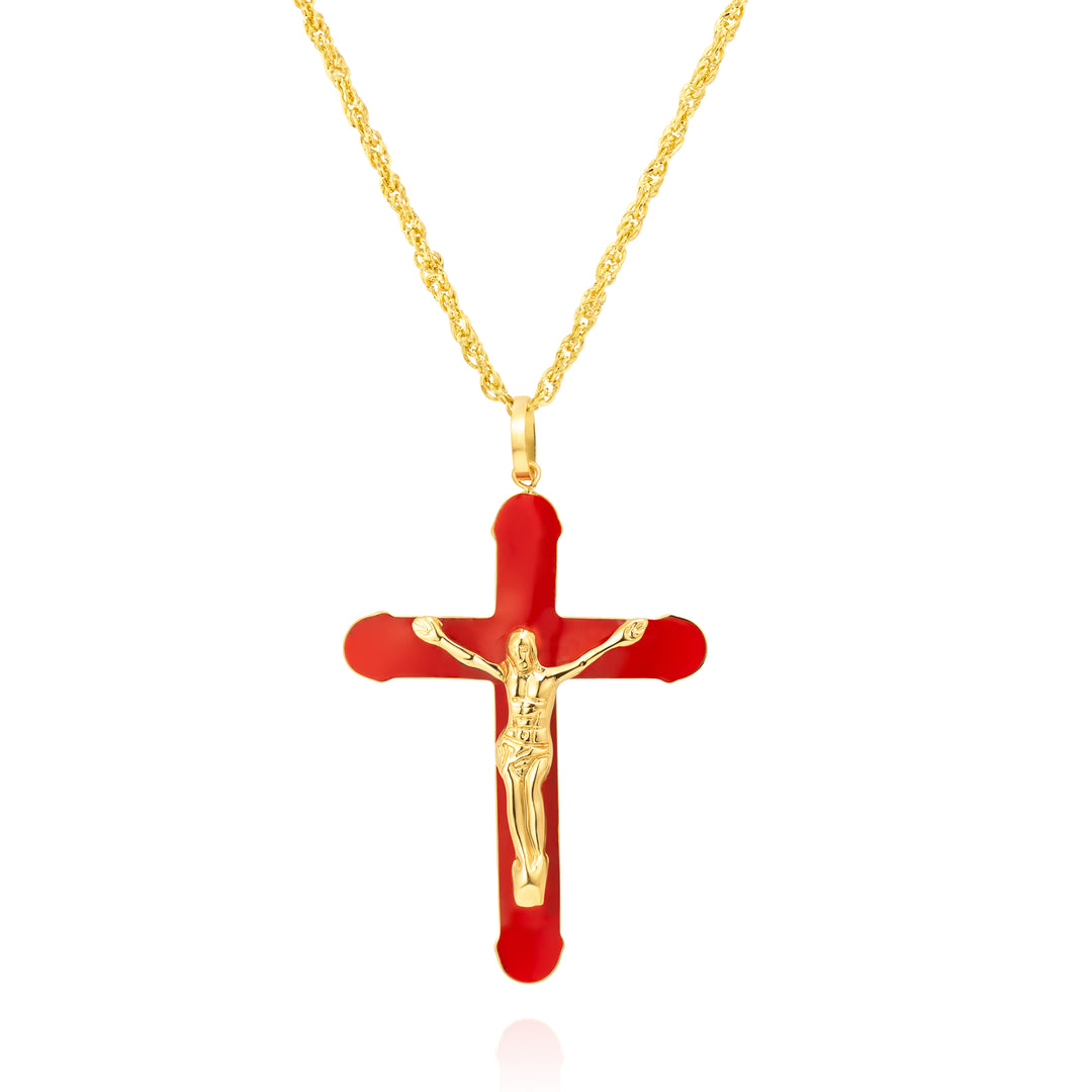 18K Real Gold Red Jesus Cross Necklace