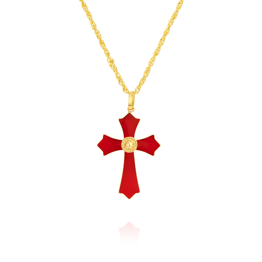 18K Real Gold Red Cross Necklace