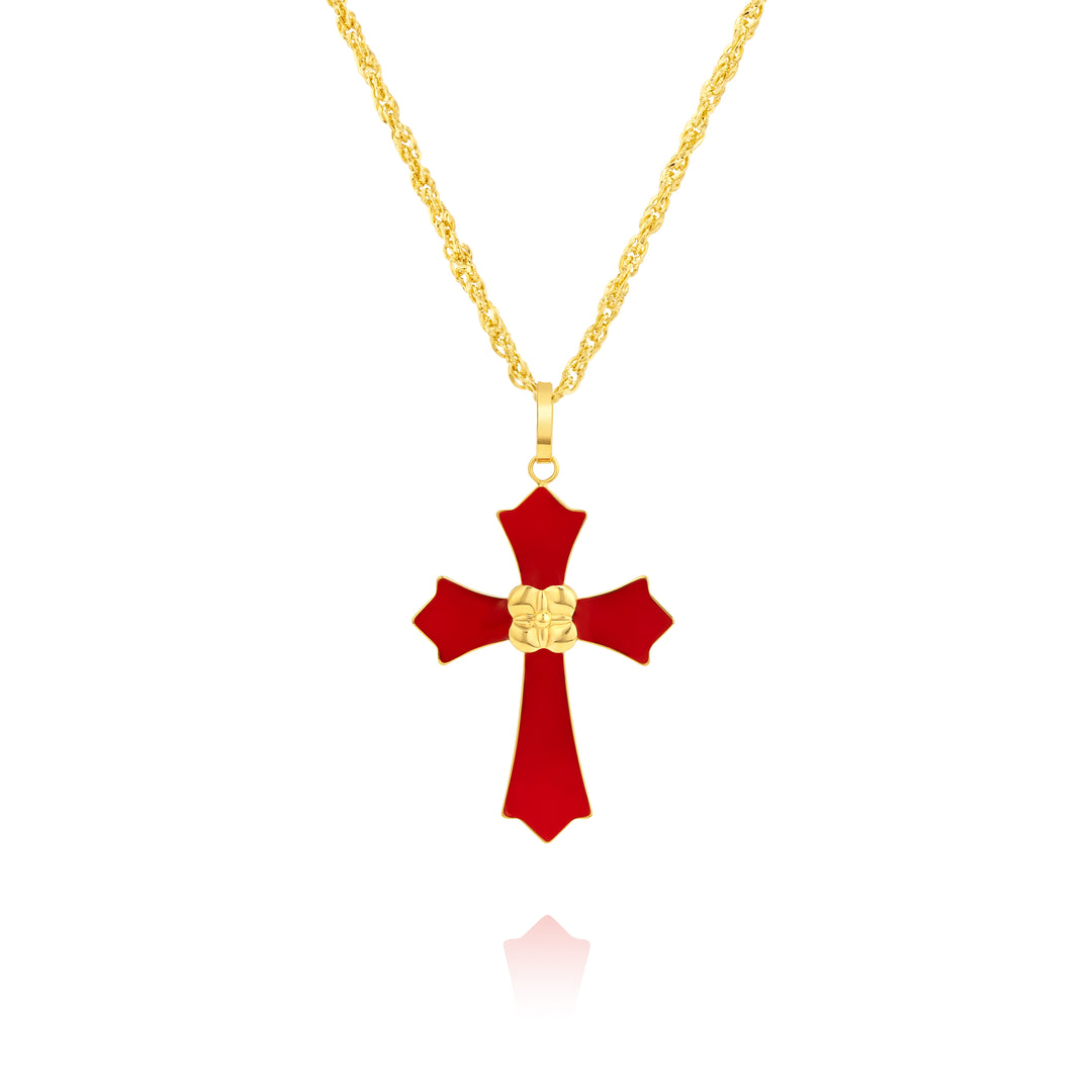 18K Real Gold Red Cross Necklace