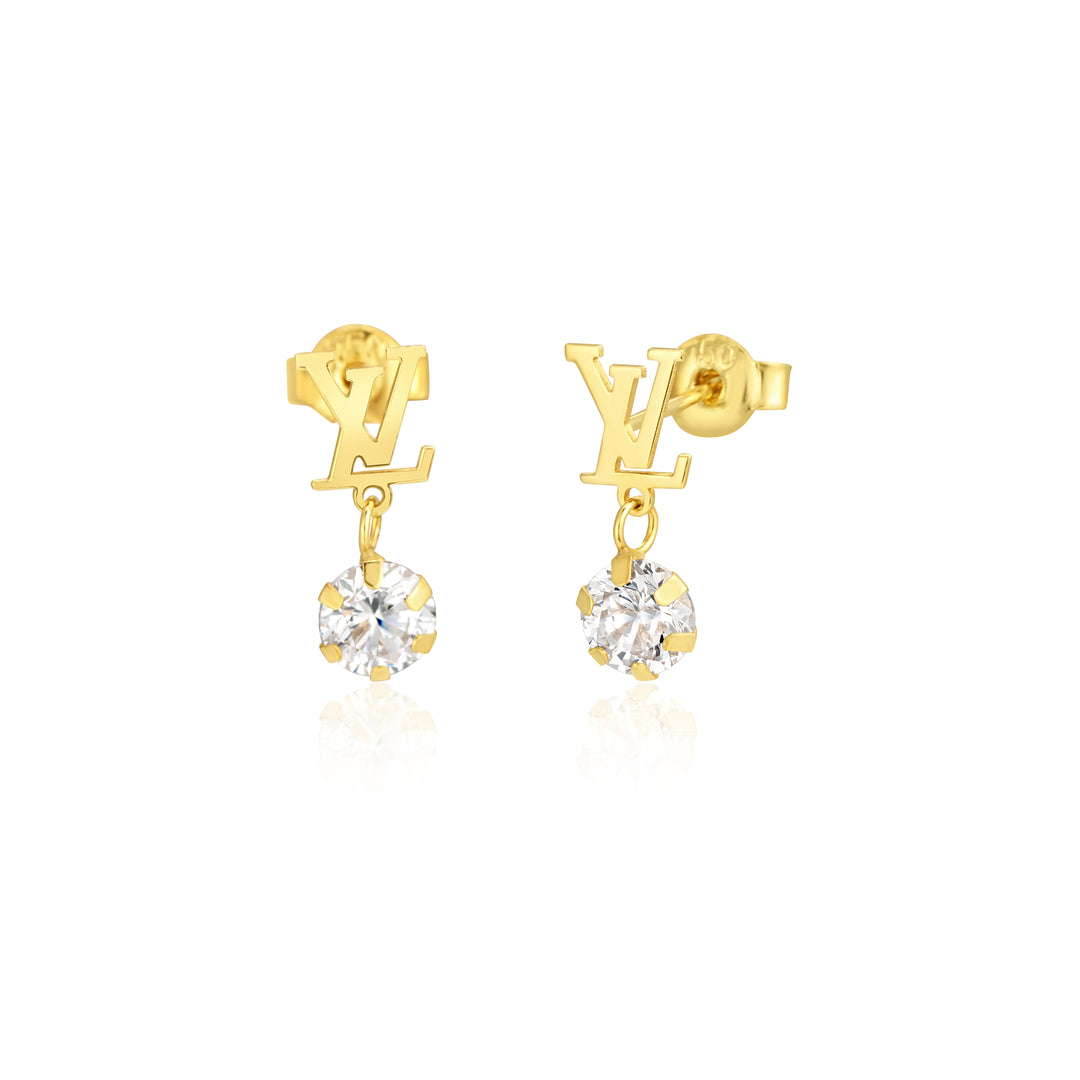 18K Real Gold Hanging Stone Stud Earrings