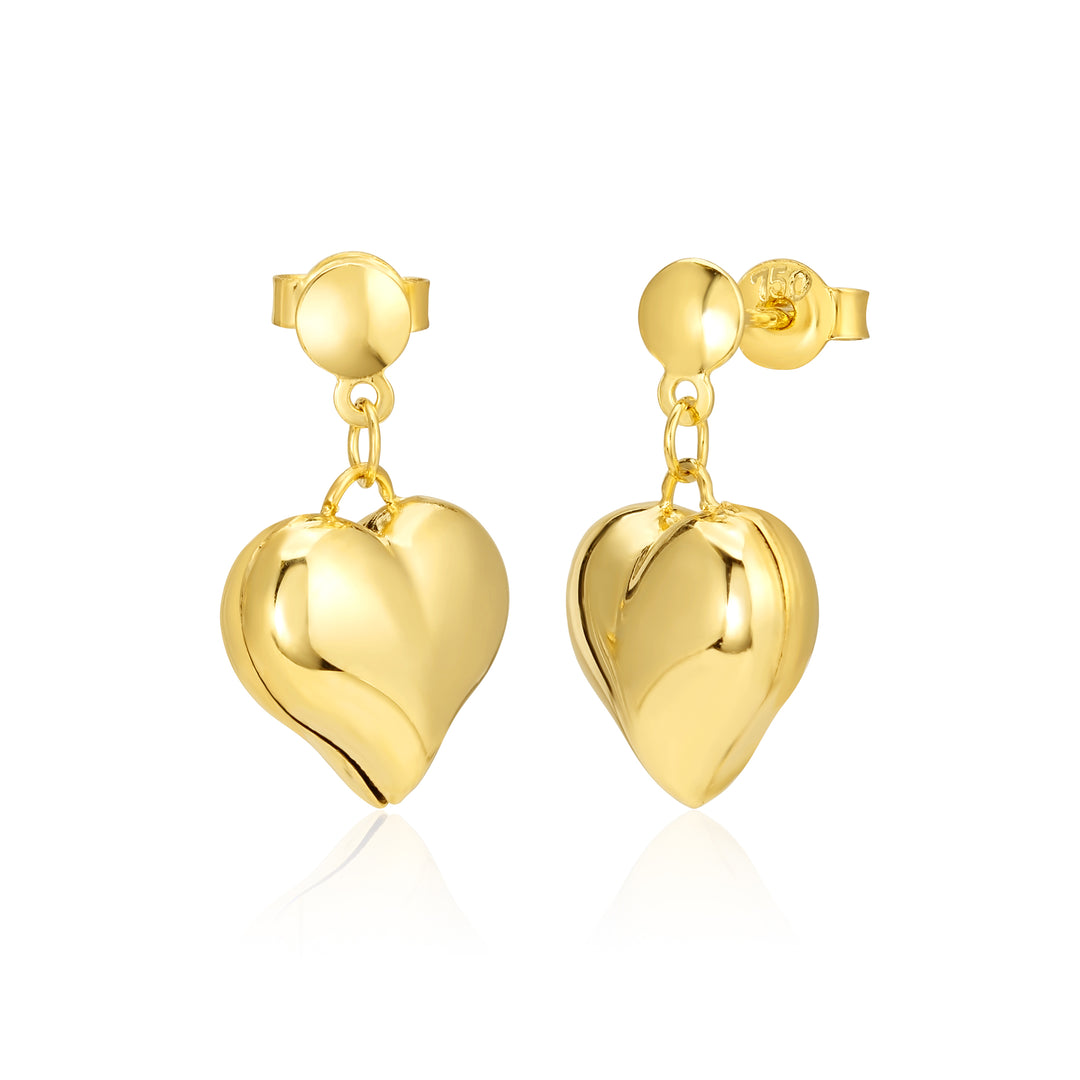 18K Real Gold Hanging Heart Stud Earrings