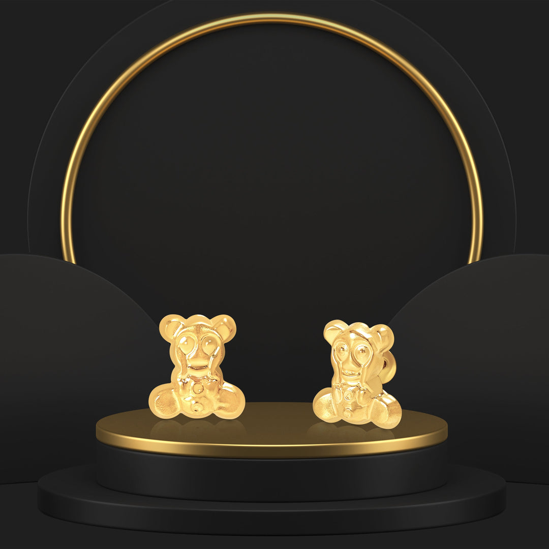 18K Real Gold Teddy Bear Screw Earring Set