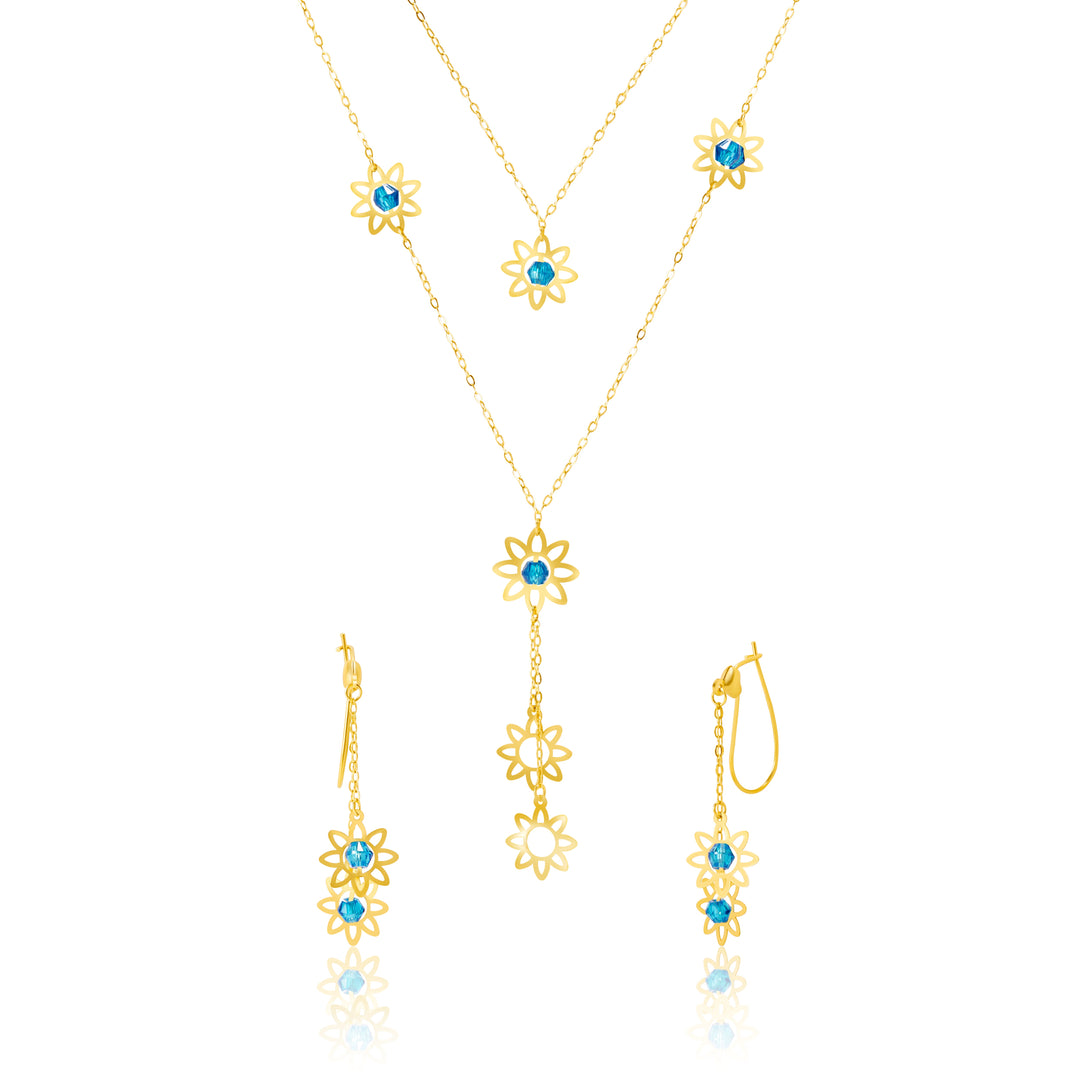 18K Real Gold Blue Stone Flower Jewelry Set