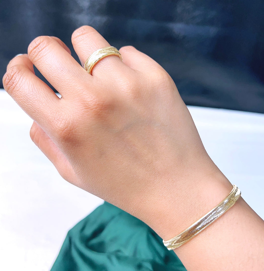 18K Real Gold Elastic Bangle & Ring Set