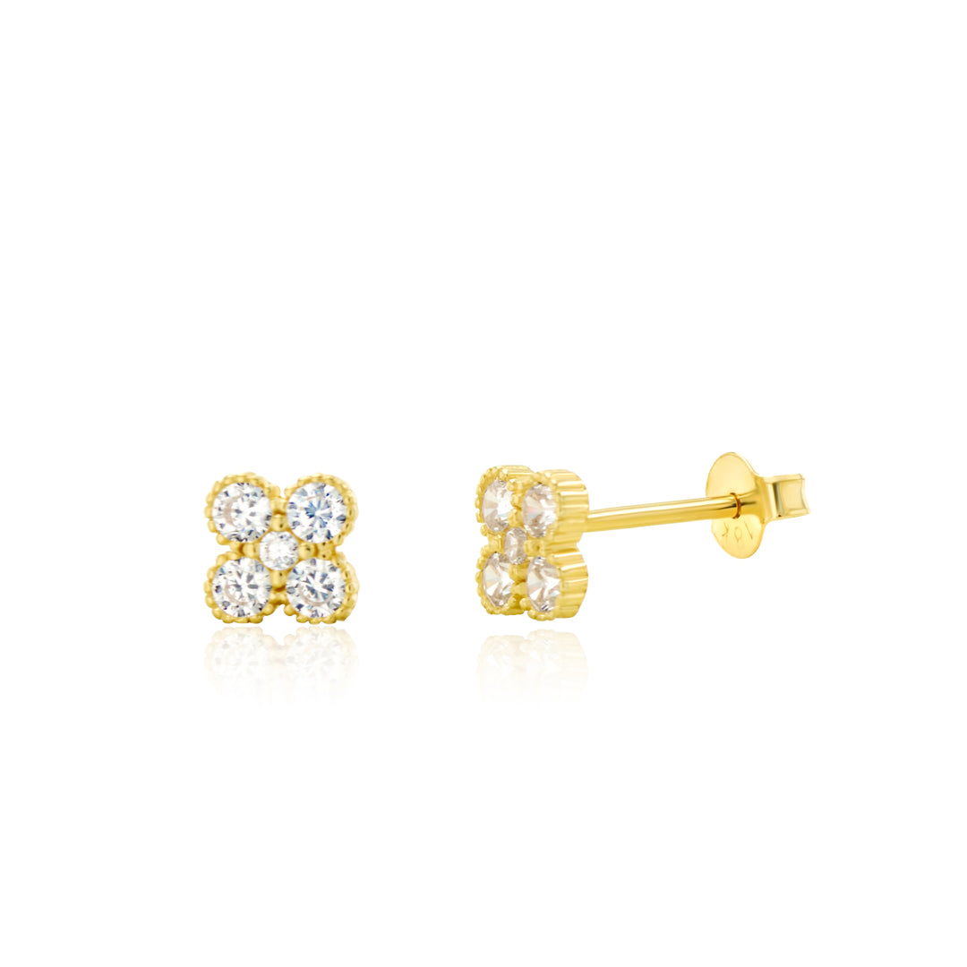 18K Real Gold Flower Stone Stud Earrings