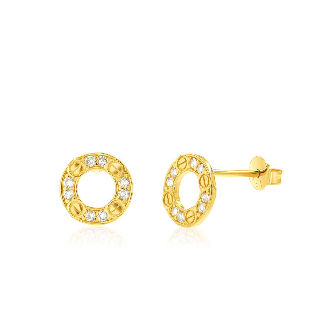 18K Real Gold Round Stone Stud Earrings
