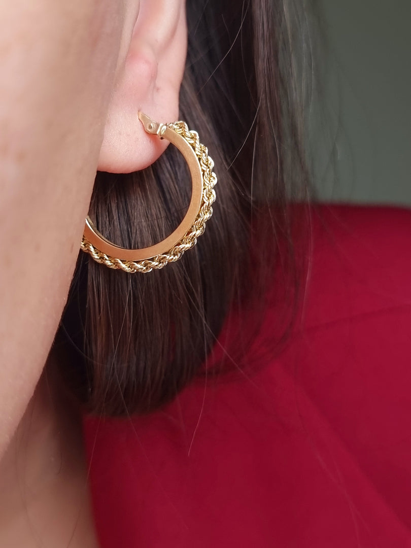 18K Real Gold Round Rope Earrings