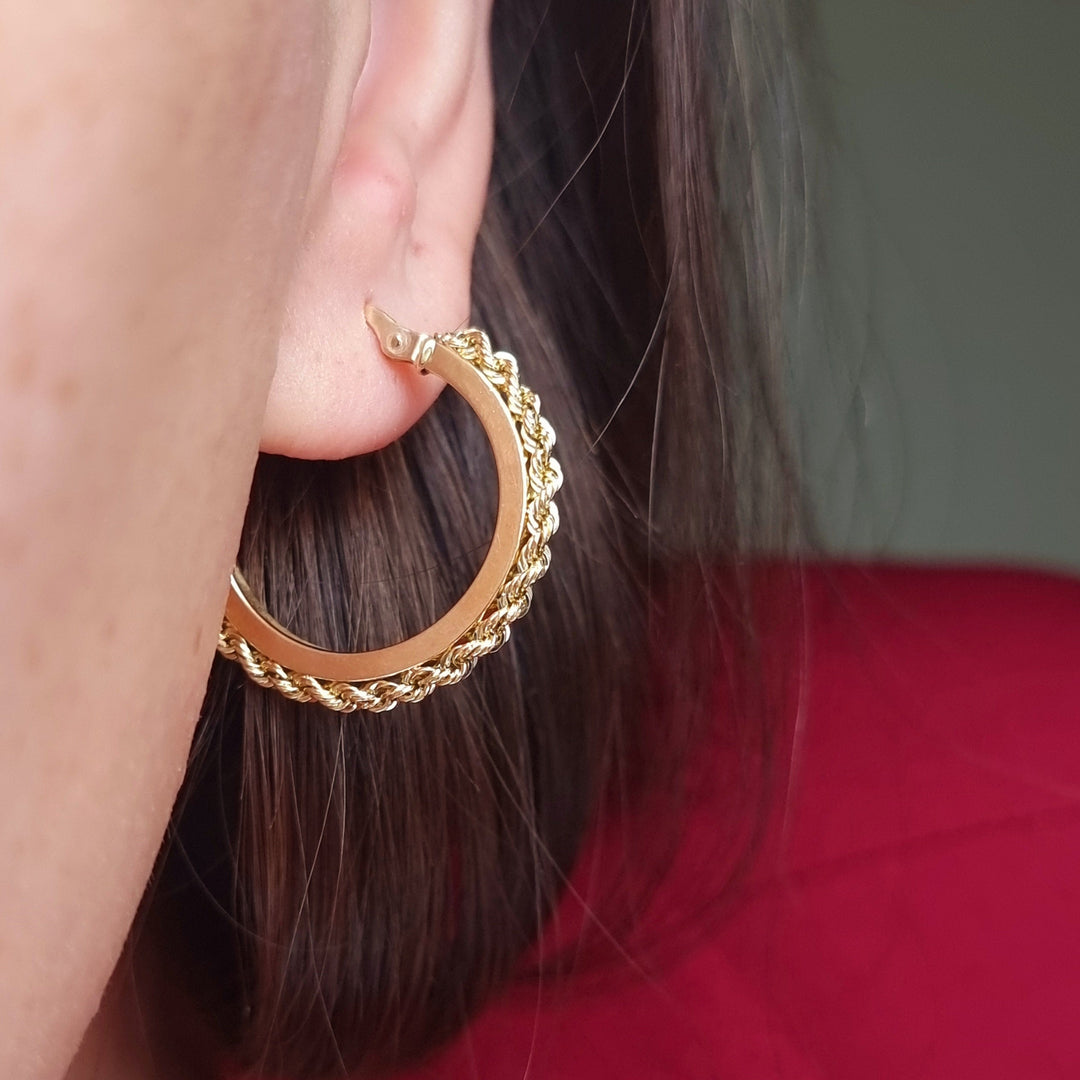 18K Real Gold Round Rope Earrings