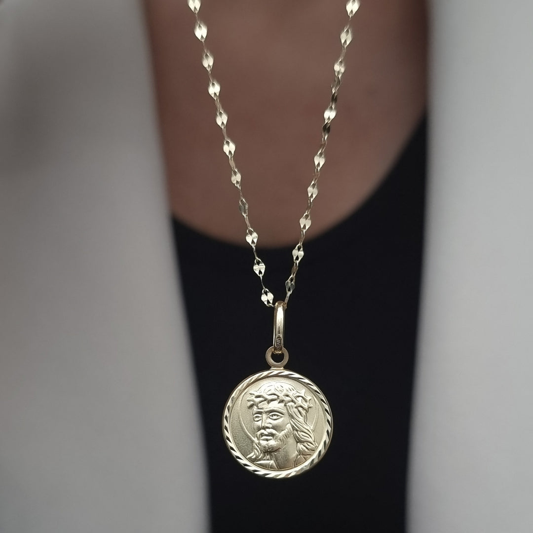 18K Real Gold Round Jesus Religious Necklace