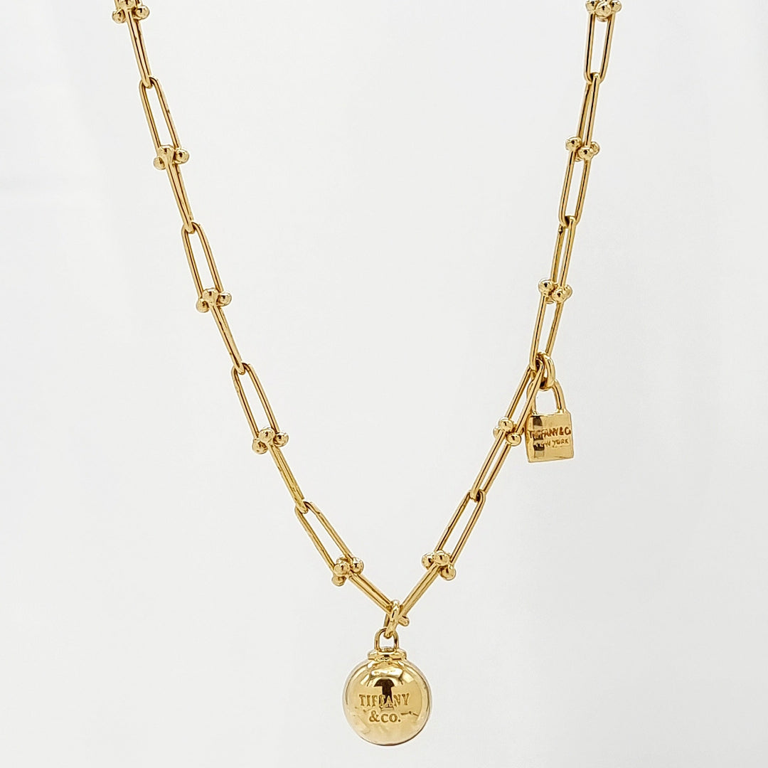 18K Real Gold Linked Ball & Lock Necklace