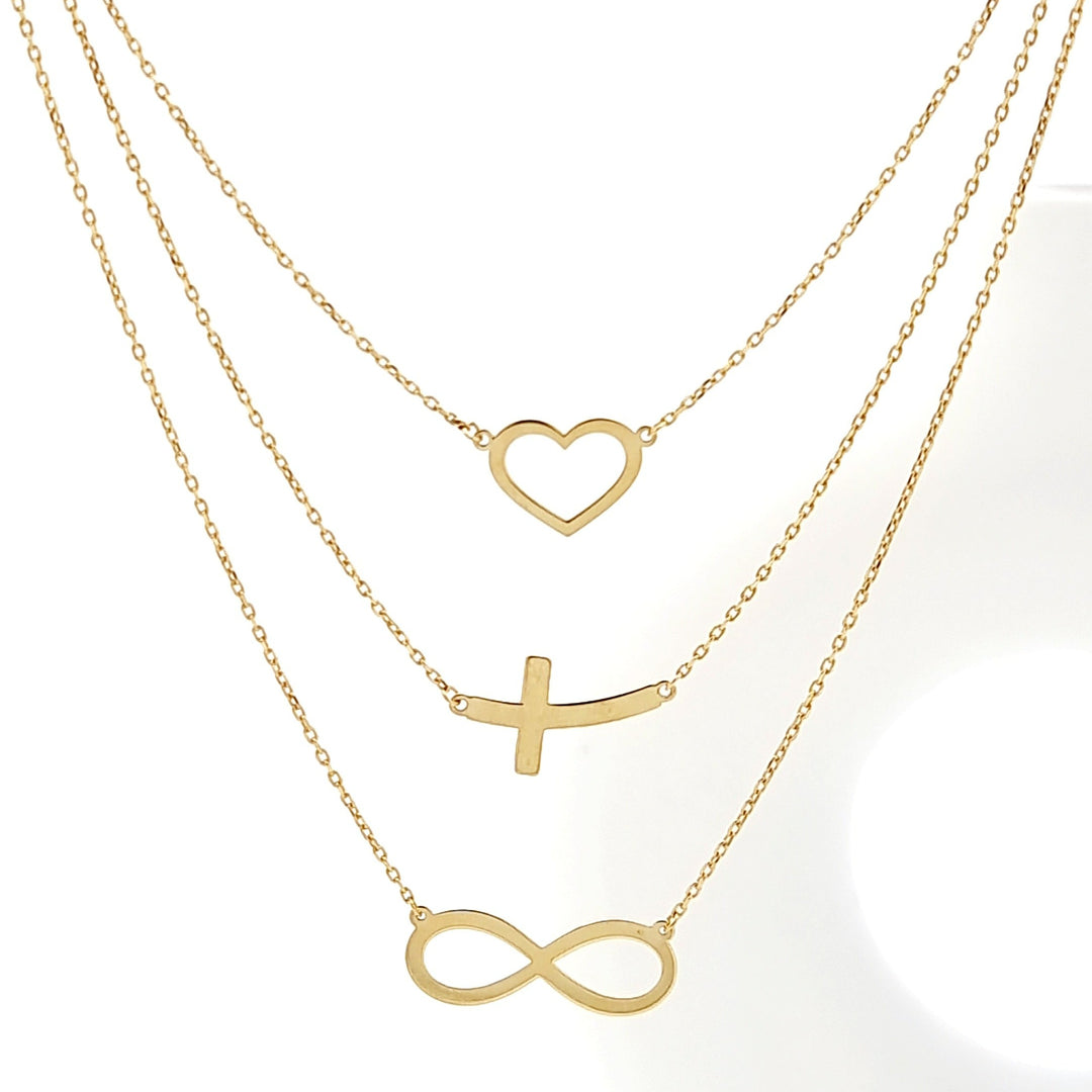 18K Real Gold 3 Layer Heart Cross Infinity Necklace