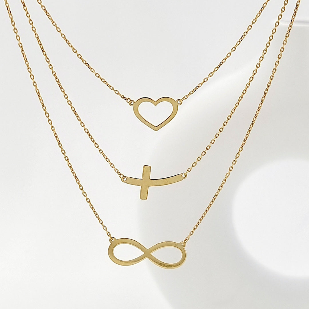 18K Real Gold 3 Layer Heart Cross Infinity Necklace
