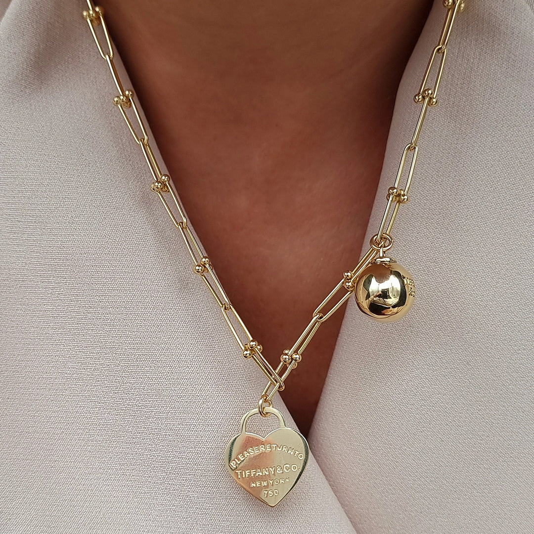 18K Real Gold Ball & Heart Linked Necklace
