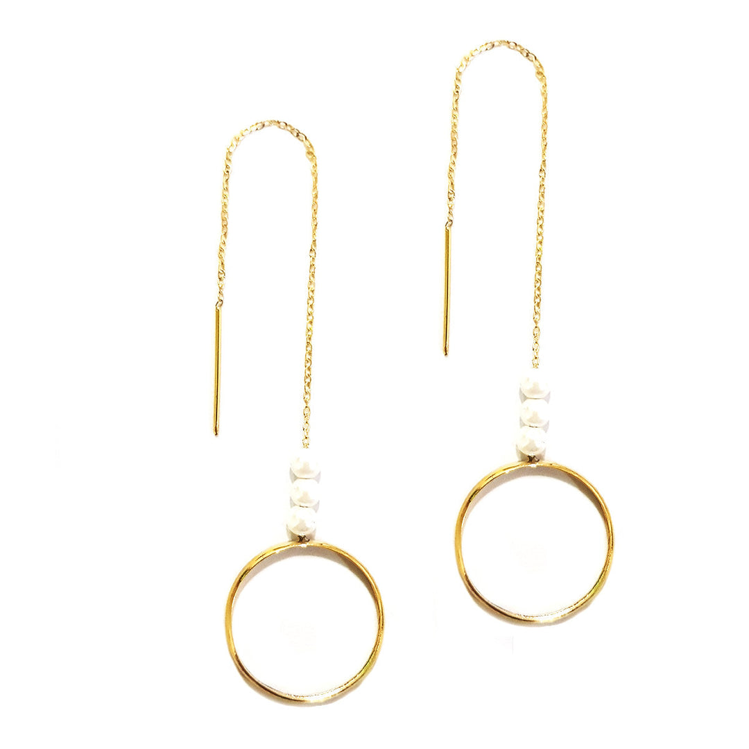 18K Pure Gold Ring w/ Pearl Dangling Earrings | Earring | 18K Gold Jewelry